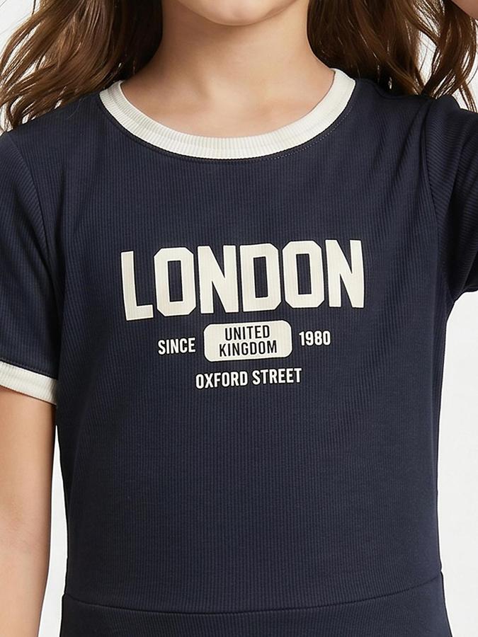 R&B Navy Blue Cotton Printed Girls Dresses