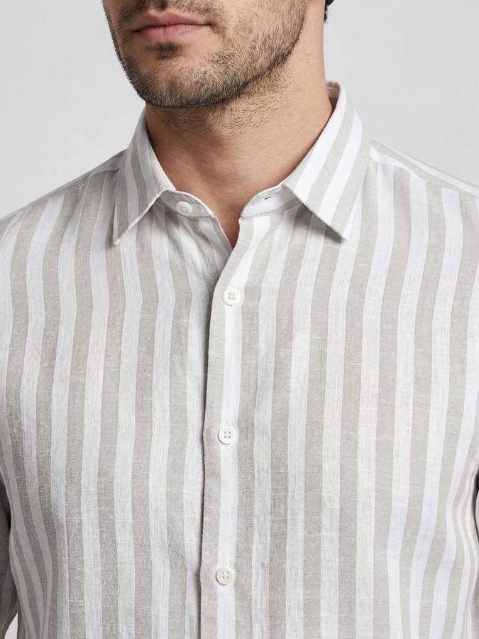 R&B Brown Striped Men Spread Collar Long Sleeves Shirt