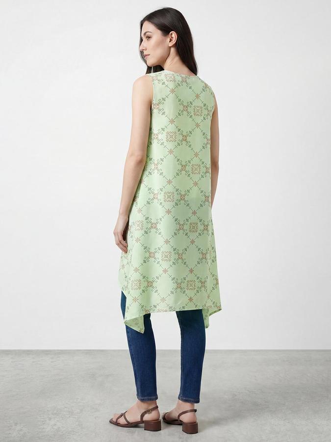 R&B Womens Green Printed Round Neck Sleeveless Tops 