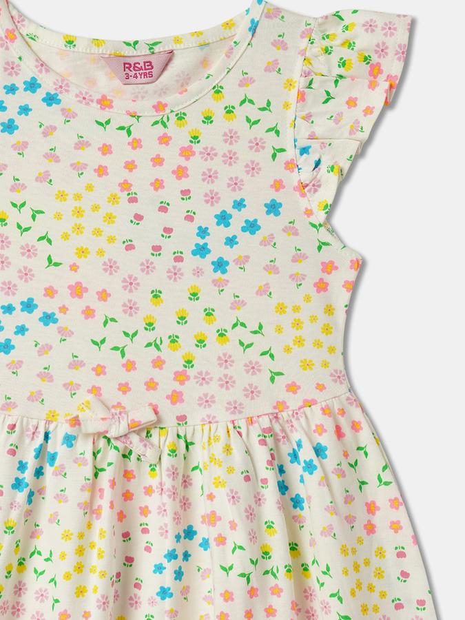 Girls Floral Print Flutter Sleeve Round Neck Knee Length Dress