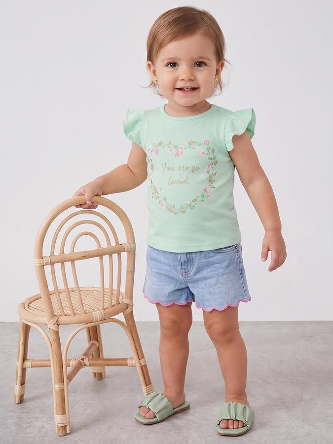R&B Girls Green Graphic Print Short Sleeves Round Neck Pure Cotton T-Shirt