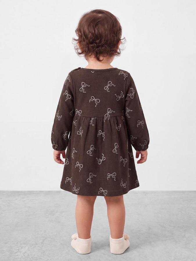 R&B Girls Dark Brown Bow Printed Round Neck Bishop Sleeves Fit and Flare Dress