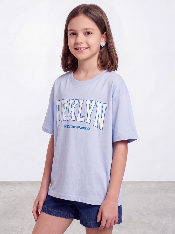 R&B Girls Blue Typography Print Short Sleeves Round Neck Pure Cotton T-Shirt