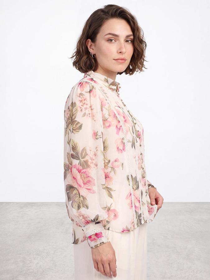R&B Womens Pink Mandarin Collar Long Sleeves Floral Print Sheer Top
