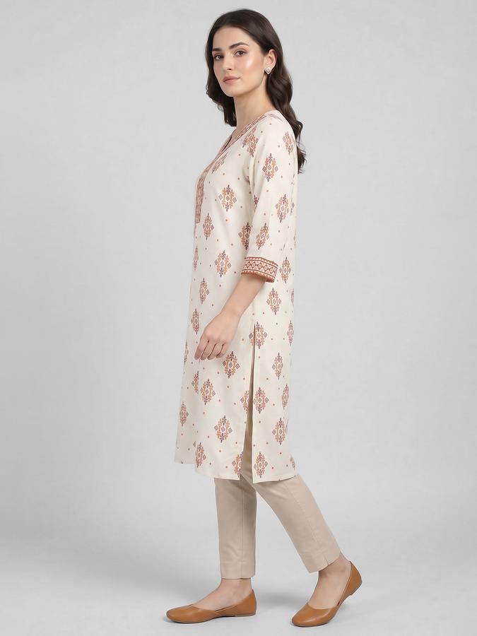 R&B Off White Printed Women Three-Quarter Sleeves V-Neck Kurta