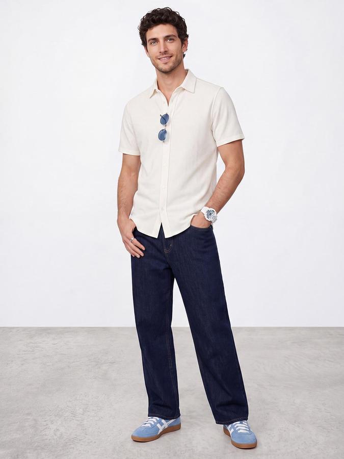 R&B Men Beige Solid Spread Collar Short Sleeves Shirt
