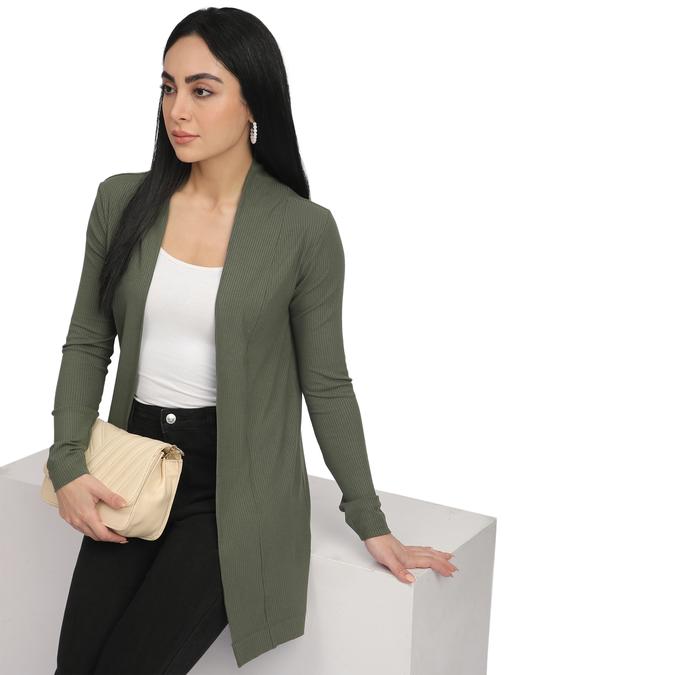 R&B Women Olive Textured Longline Cardigan