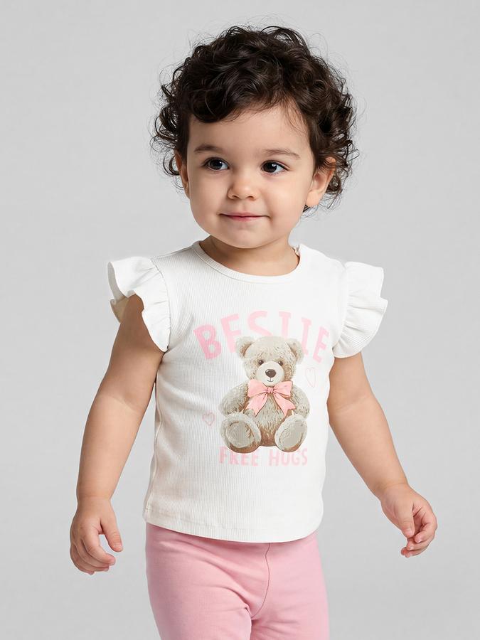 R&B White Graphic Print Girls Round Neck Regular Fit Short Sleeves T-Shirt 
