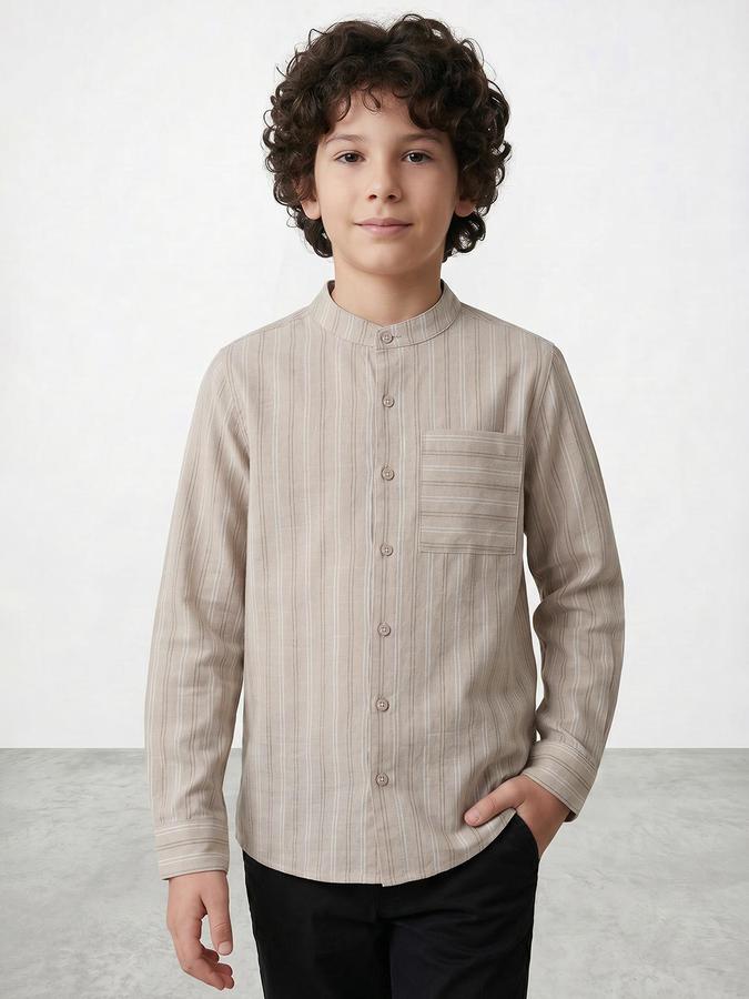 R&B Boys Beige Mandarin Collar Long Sleeves Vertical Stripes Regular Fit Shirt