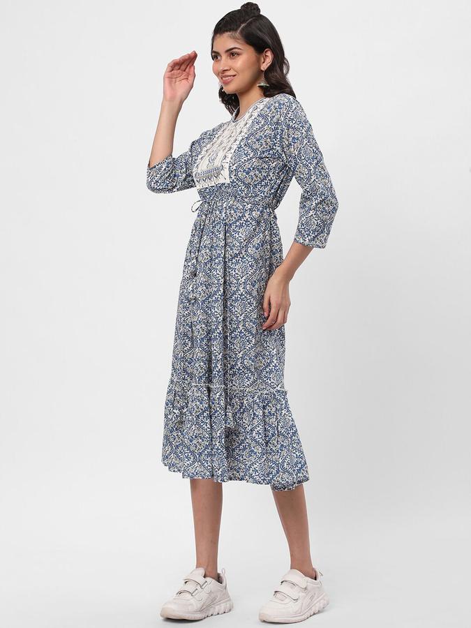 R&B Women Blue Printed Three Quarter Sleeves Fit &amp; Flared Knee Length Ethnic Dress