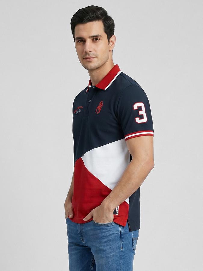 R&B Navy Blue Colourblocked Men Polo Collar Regular Fit Short Sleeves T-Shirt 