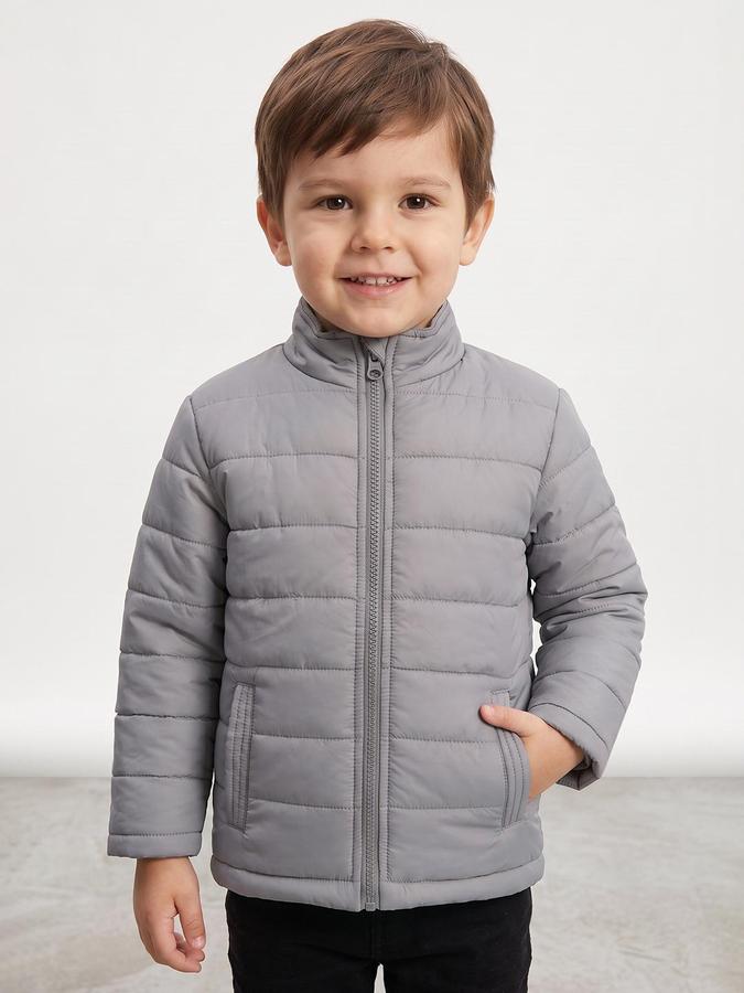 R&B Boys Grey Self Design Mock Collar Long Sleeves Puffer Jacket
