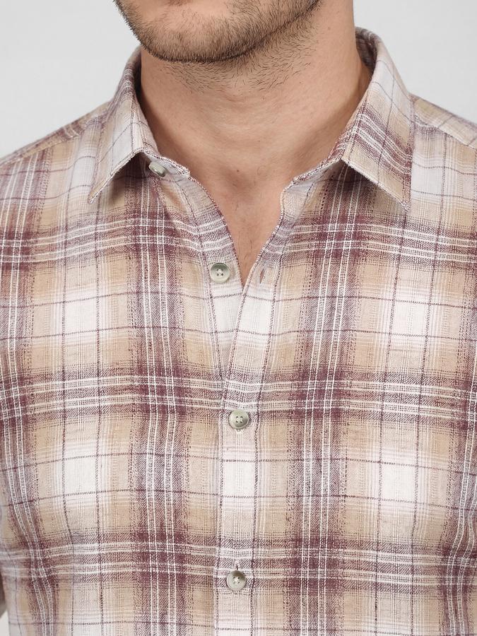R&B Maroon Checked Men Spread Collar Long Sleeves Shirt