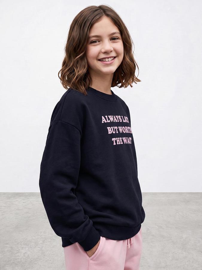 R&B Girls Dark Blue Typography Print Round Neck Long Sleeves Sweatshirt