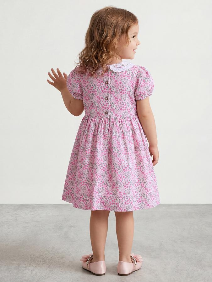 R&B Girl Pink Floral Print Pure Cotton Puff Sleeves Fit and Flare Dress