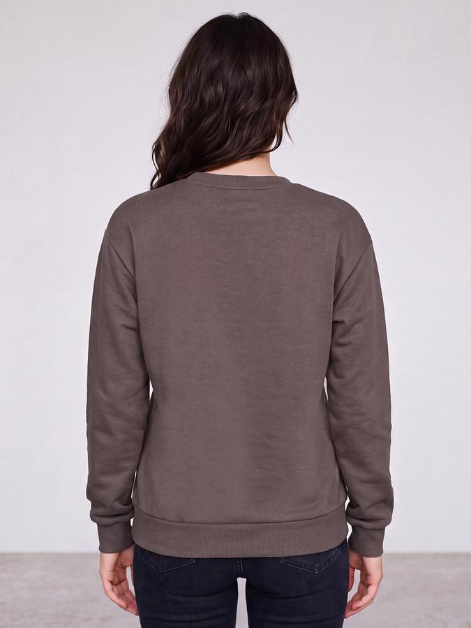R&B Women Dark Brown Graphic Print Round Neck Long Sleeves Sweatshirt