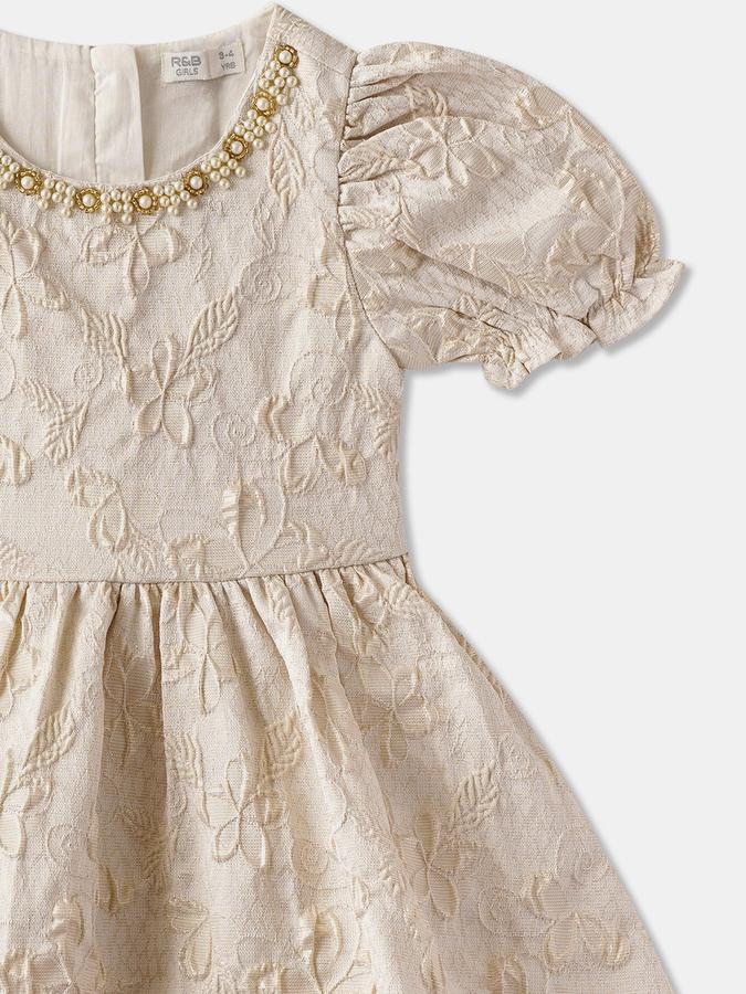 Girls Floral Jacquard Puff Sleeve Round Neck Fit & Flare Dress