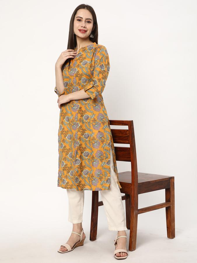 Women Cotton Regular Fit Mandarin Collar Printed Kurta