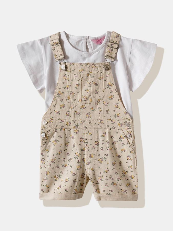 R&B Girls Beige Floral Print Cotton Ankle Length Dungarees