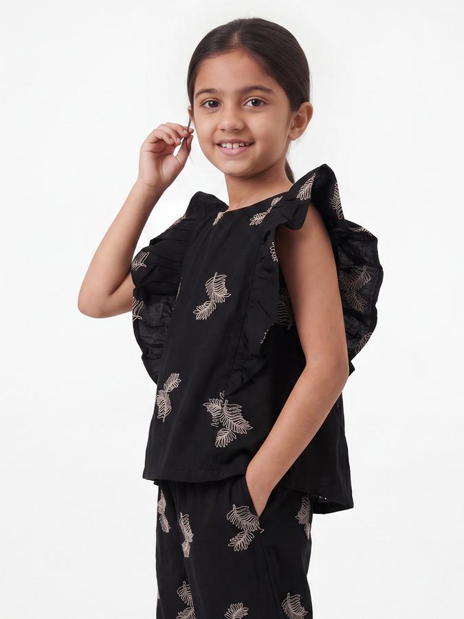 R&B Girls Black Regular Fit Floral Print Flutter Sleeve Top