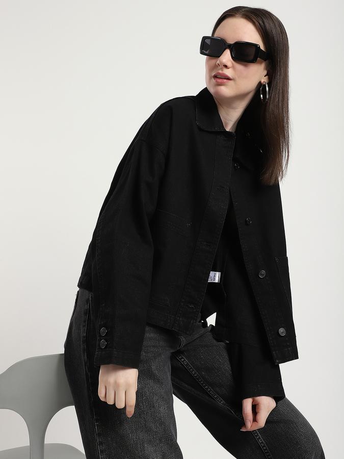 R&B Women Black Solid Denim Jacket