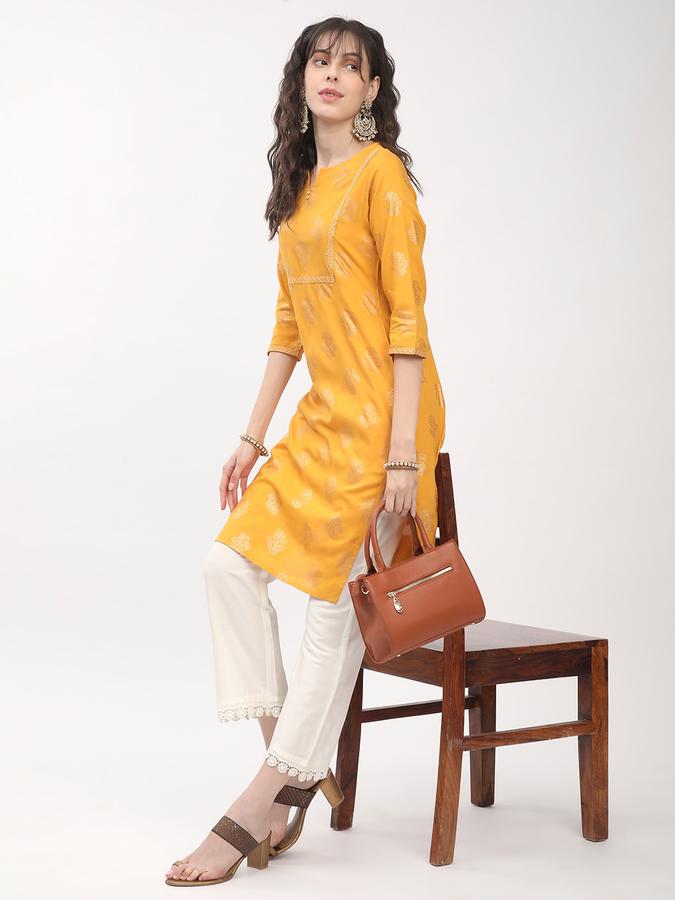 women's regular fit gold printed round neck embroidered mustard festive kurta image number 1