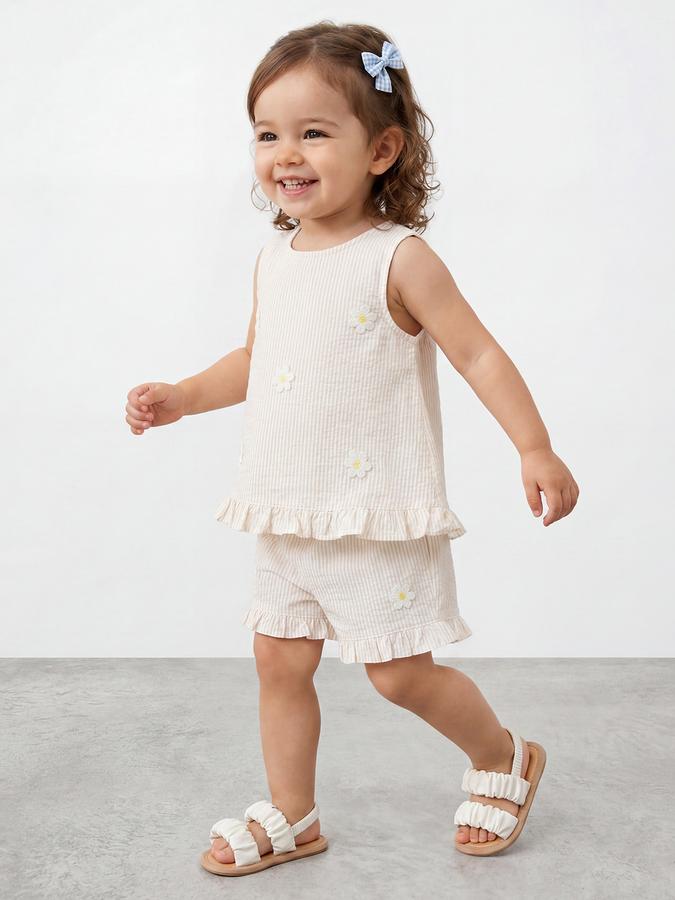 R&B Girls Light Yellow Self Design Pure Cotton Sleeveless Co-ord Set