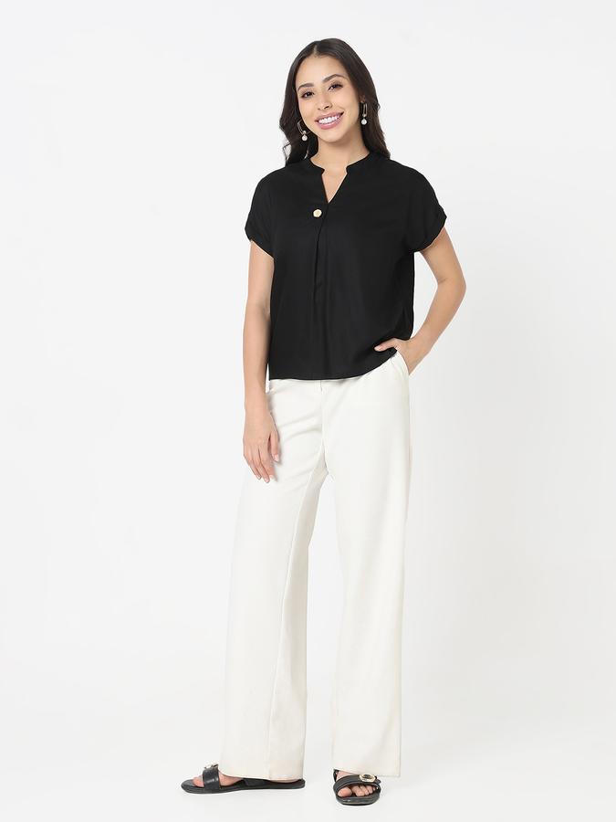 Women Viscose Relaxed Fit Mandarin Collar Solid Top