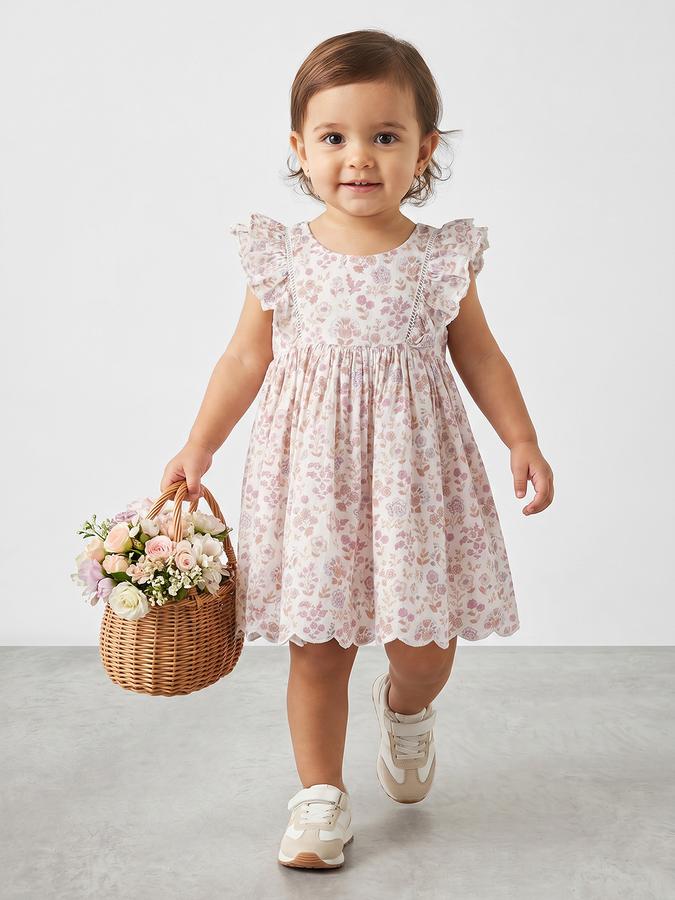 R&B Girl White Floral Print Pure Cotton Flutter Sleeves Fit and Flare Dress