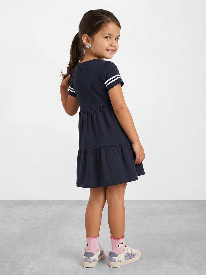 R&B Girl Navy Blue  Glitter Graphic Print Pure Cotton Short Sleeves Fit and Flare Dress