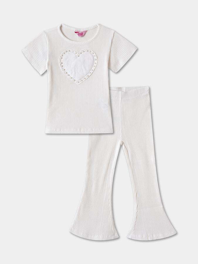Girls Cotton Blend Solid Top and Flared Trousers Set