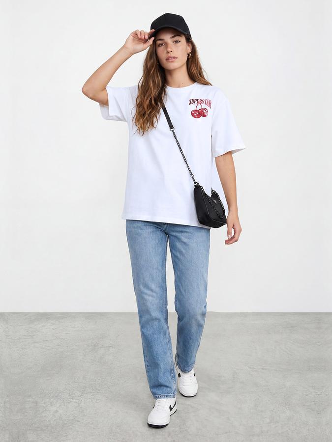 R&B Women's White Graphic Back Print Regular Fit Round Neck Half Sleeve T-Shirt