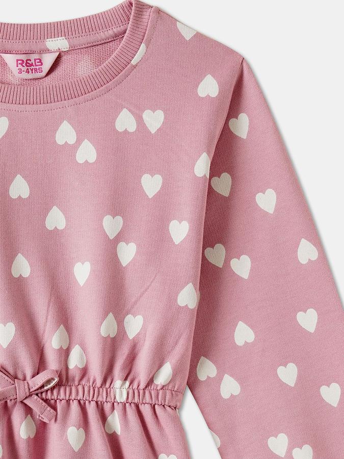 R&B Girls Pink Printed Full Sleeves Round Neck Knee Length Fit &amp; Flare Dress