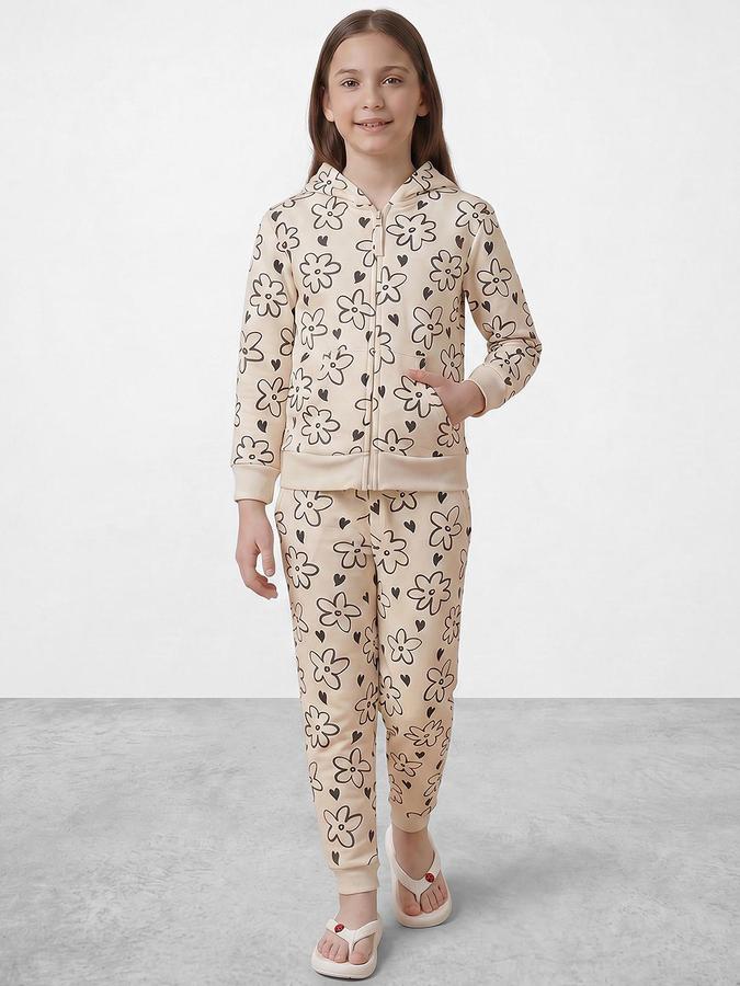 R&B Girls Brown Printed Long Sleeves Hooded Neck Sweatshirt& Joggers Set 