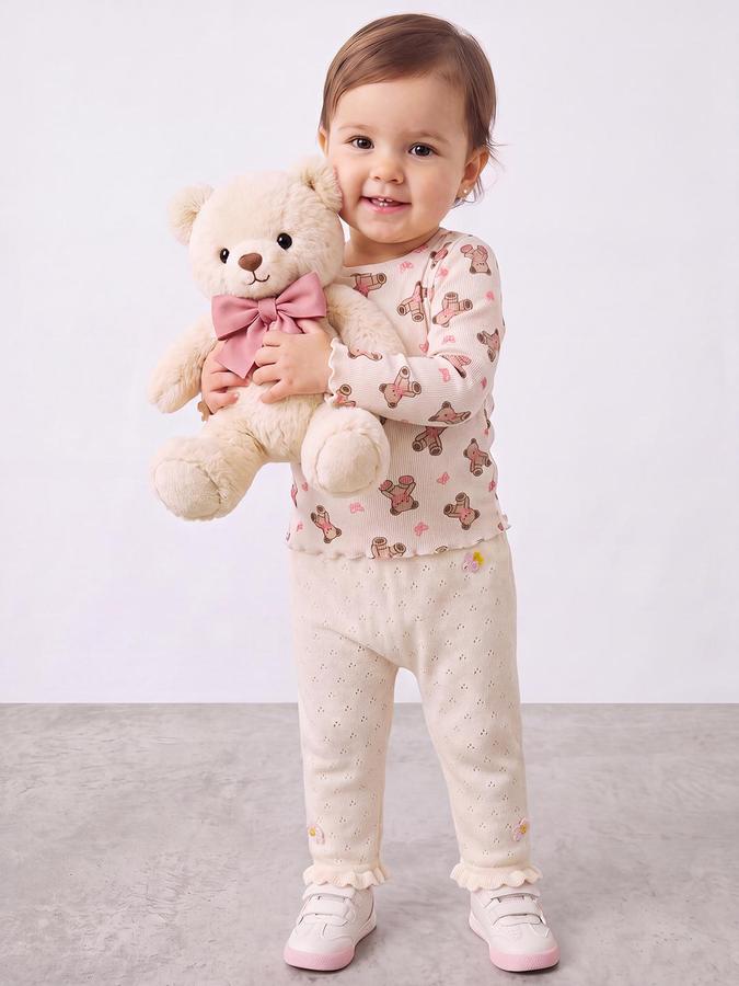 R&B Girls Multi Teddy Print Long Sleeves Round Neck Ribbed T-Shirt