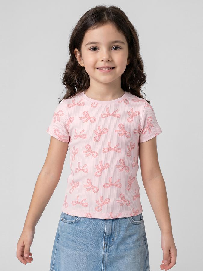 R&B Pink Graphic Print Girls Round Neck Regular Fit Short Sleeves T-Shirt 