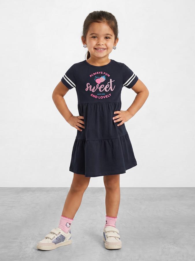 R&B Girl Navy Blue  Glitter Graphic Print Pure Cotton Short Sleeves Fit and Flare Dress