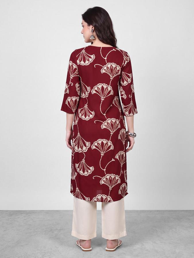 R&B Womens Dark Red Three-Quarter Sleeves V Neck Floral Printed Straight Kurta