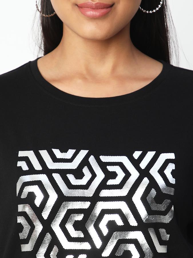 Women Cotton Regular Fit Crew Neck Embellished T-shirt