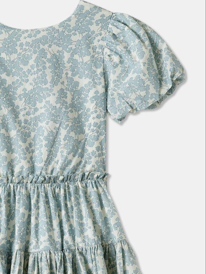 R&B Off White Floral Printed Girls Short Sleeves Dress