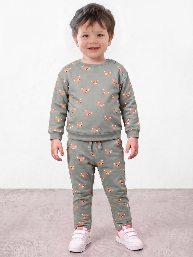 R&B Boys Green Pure Cotton Teddy Print Sweatshirt and Pant Night Suit