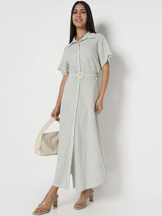 R&B Women Green Striped Half Sleeves Shirt Collar Maxi Shirt Dress
