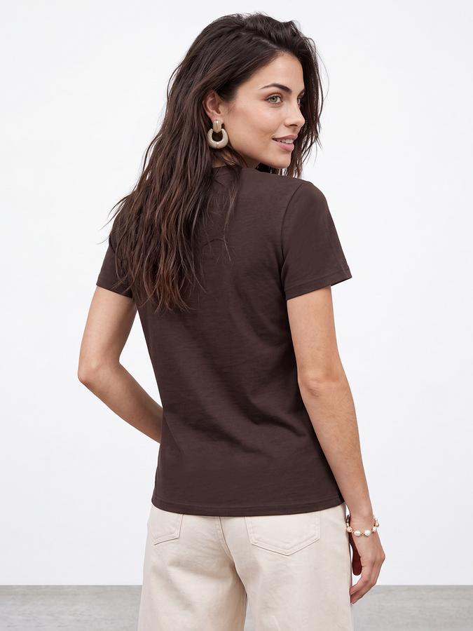 R&B Women Coffee Brown Solid Short Sleeves Soft Touch Tshirt