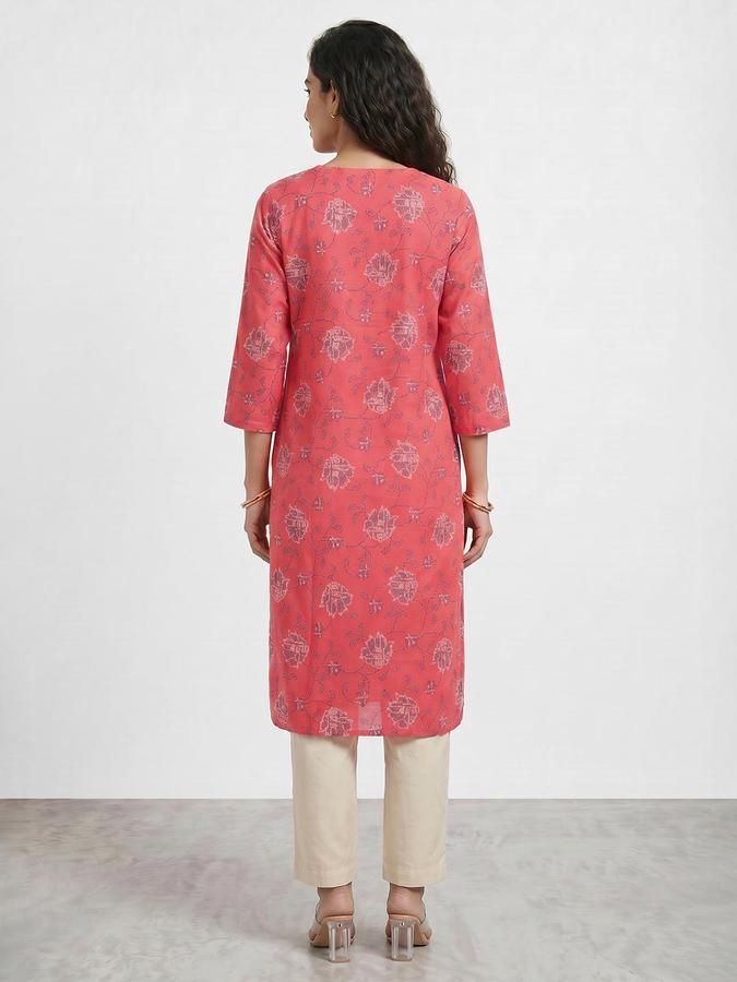 R&B Women Coral Printed V-Neck Three-Quarter Sleeves Calf Length Straight Kurta 