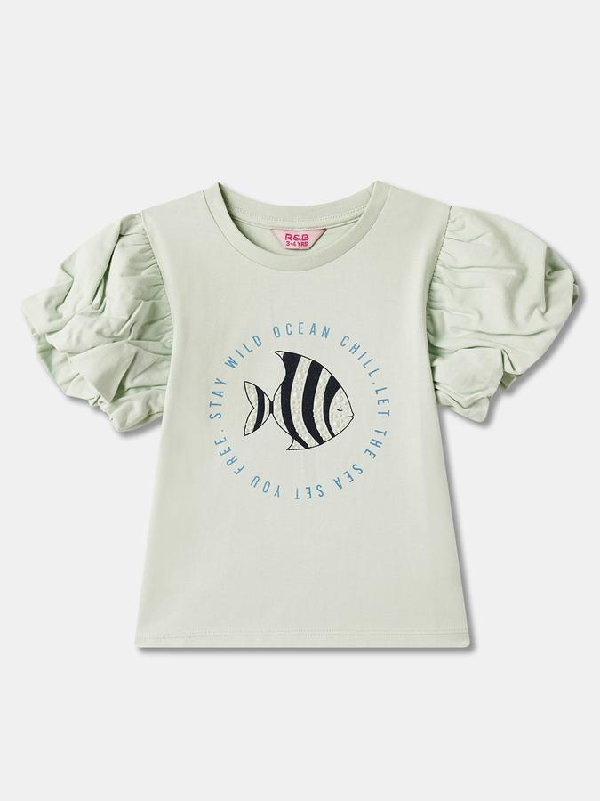 Girls Cotton Regular Fit Crew Neck Short Sleeve Graphic Top