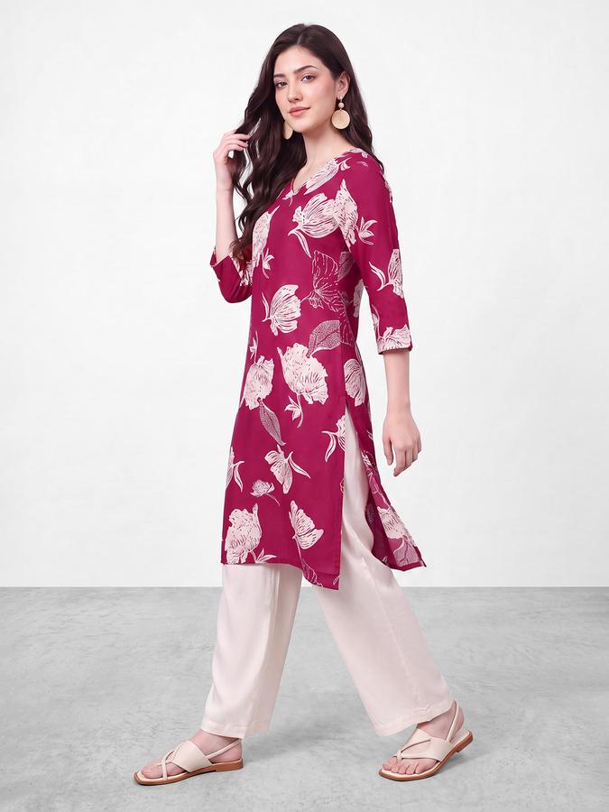 R&B Womens Magenta Three-Quarter Sleeves V Neck Floral Printed Straight Kurta