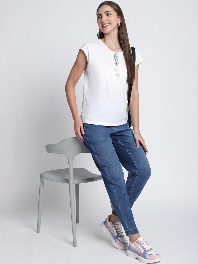 R&B Womens Ivory Solid Round Neck Short Sleeves Top