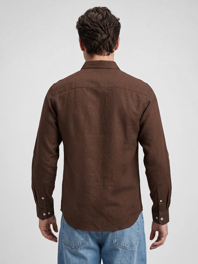 R&B Dark Brown Solid Men Spread Collar Long Sleeves Shirt