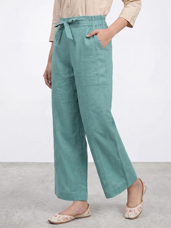 R&B Women Green Solid Tie Up Palazzo