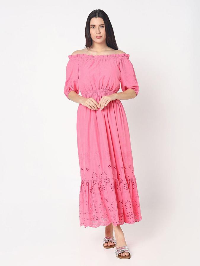 R&B Women Pink Self Design Half Sleeves Off-Shoulder Maxi Fit &amp; Flare Dress